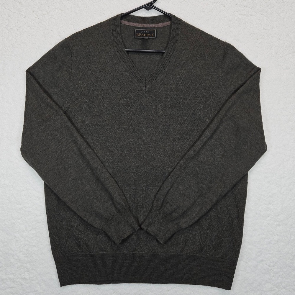JOS A BANK RESERVE V-Neck Sweater Mens Large Merino Wool Blend Argyle Pattern